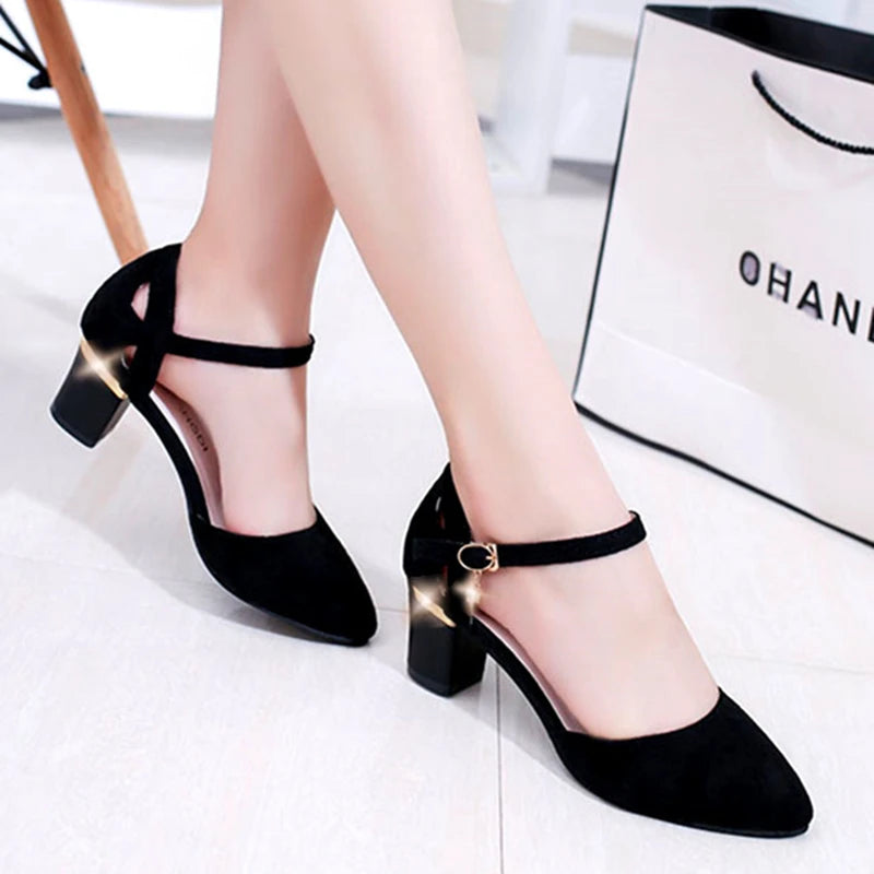 Women Cute Sweet Black Buckle Strap Square Heel Shoes / Office Lady Classic Comfort Summer Heel Pumps Zapato Tacon