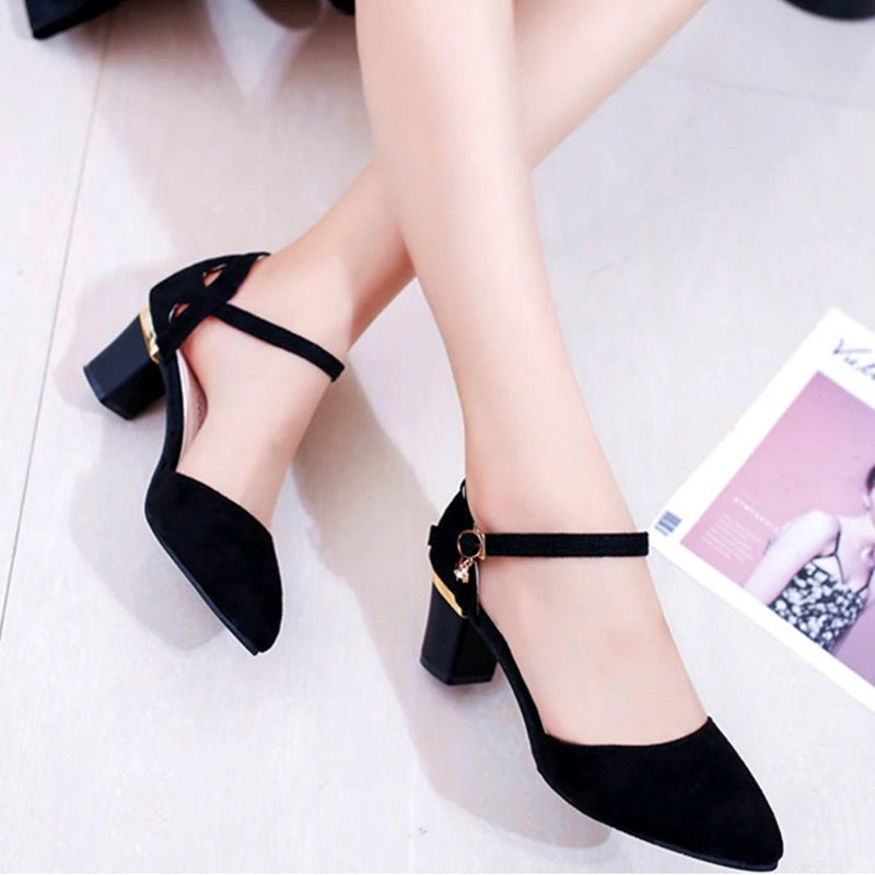 Women Cute Sweet Black Buckle Strap Square Heel Shoes / Office Lady Classic Comfort Summer Heel Pumps Zapato Tacon