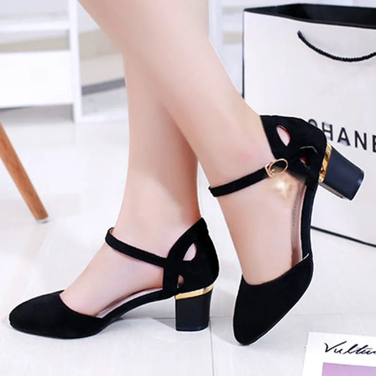 Women Cute Sweet Black Buckle Strap Square Heel Shoes / Office Lady Classic Comfort Summer Heel Pumps Zapato Tacon