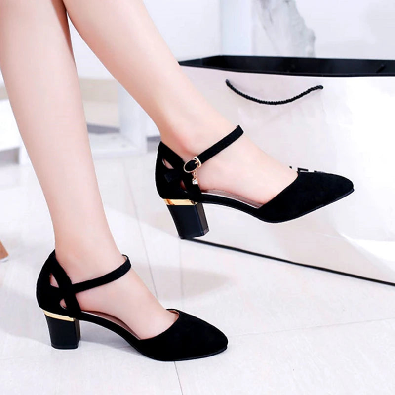 Women Cute Sweet Black Buckle Strap Square Heel Shoes / Office Lady Classic Comfort Summer Heel Pumps Zapato Tacon