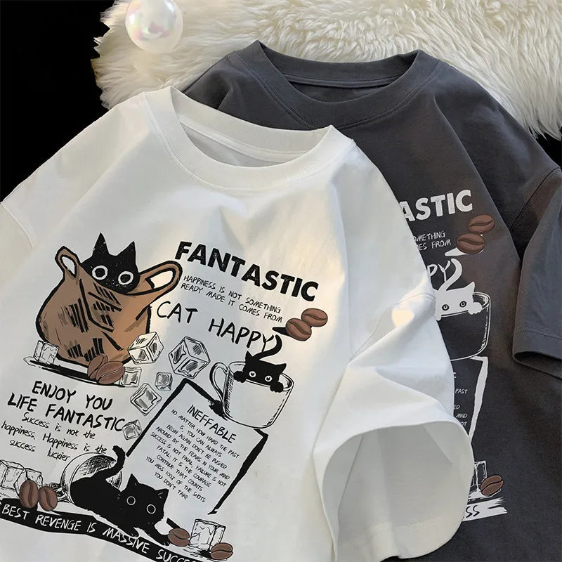 Unisex T Shirt Pullover Oversize Korean Cartoon Cat Version