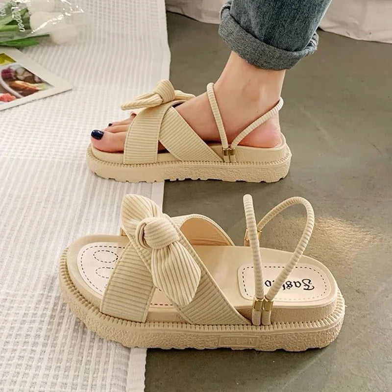 New Style Fairy Style Lady Summer Slippers Thick Platform Flat Sandals with Butterfly-Knot Summer Flip Flops Sandals