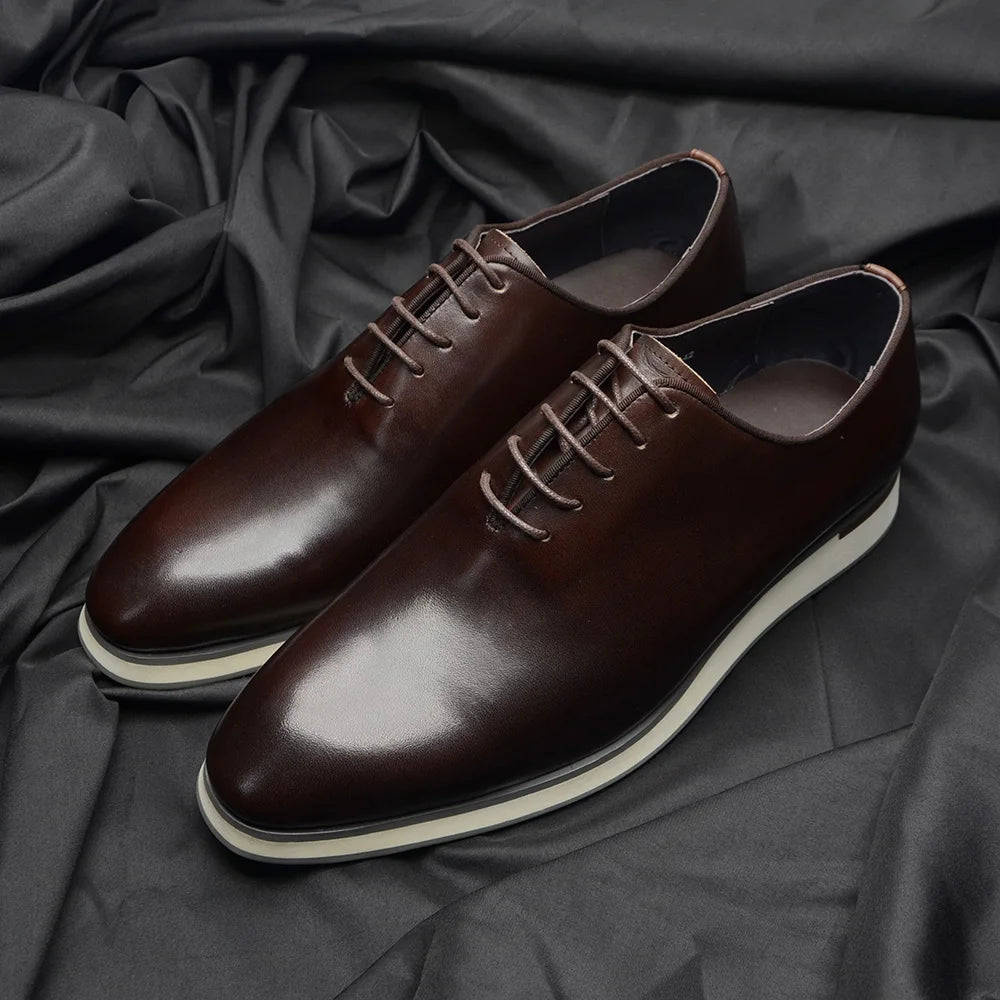 Luxury Handmade Genuine Cowhide Leather Casual Oxfords Mens Dress Shoes Whole-Cut Plain Toe Lace-up Soft Flat Sneakers