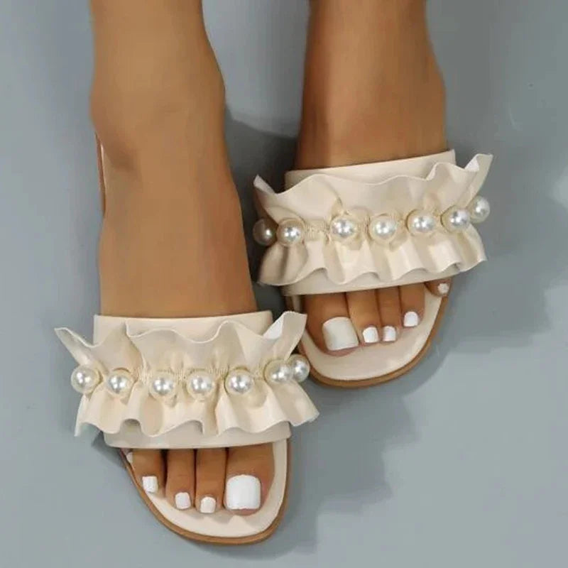 Slides Faux Pearl Decor Ruffle Trim Sandals Open Toe Wear-resistant Flat Sandals