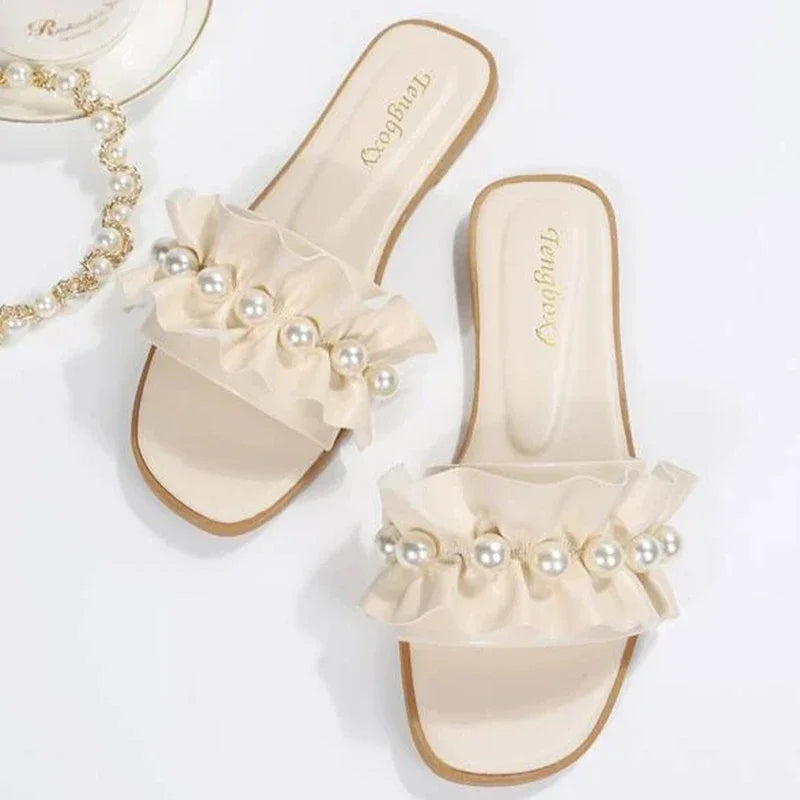 Slides Faux Pearl Decor Ruffle Trim Sandals Open Toe Wear-resistant Flat Sandals