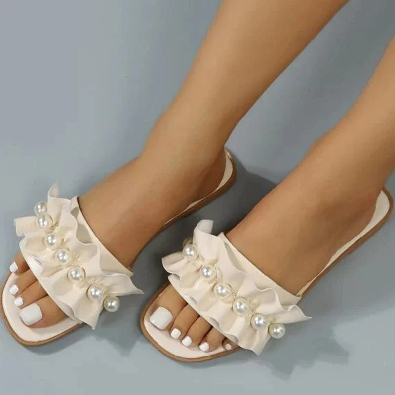 Slides Faux Pearl Decor Ruffle Trim Sandals Open Toe Wear-resistant Flat Sandals