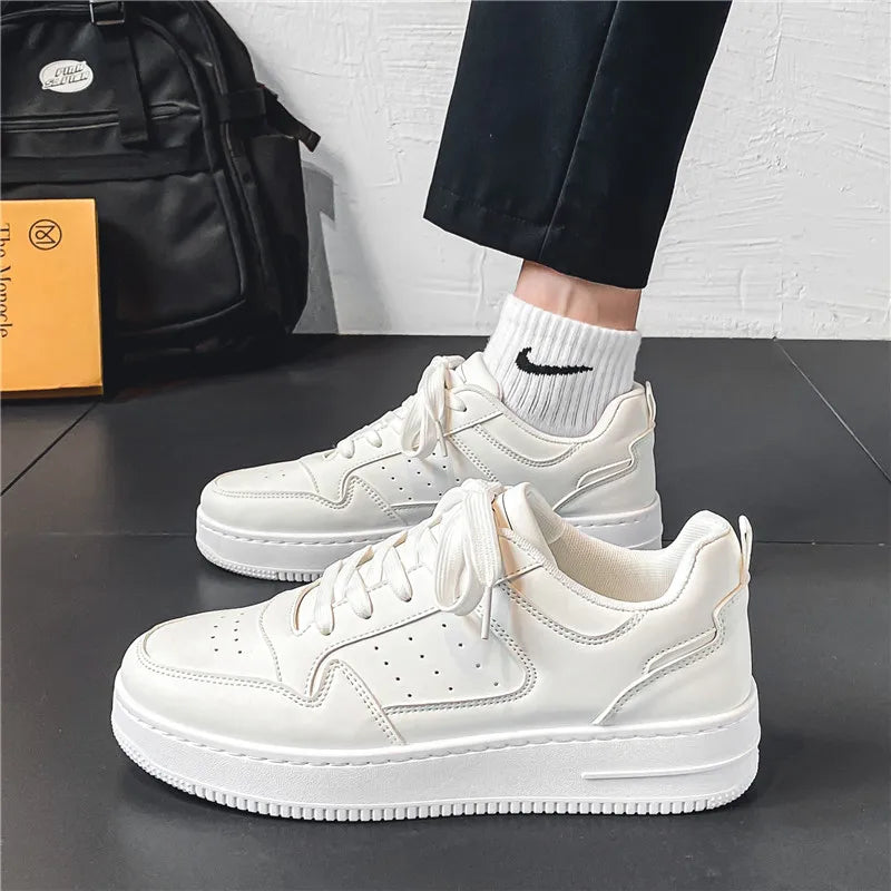 Leather Men White Flat Casual Shoes Lightweight Sports Shoes Breathable Sneakers S