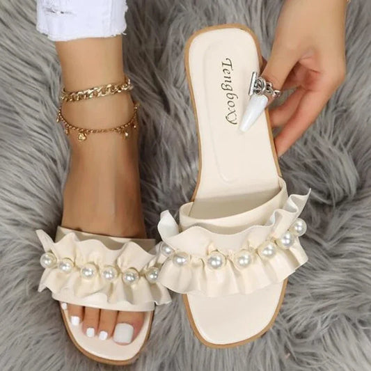 Slides Faux Pearl Decor Ruffle Trim Sandals Open Toe Wear-resistant Flat Sandals