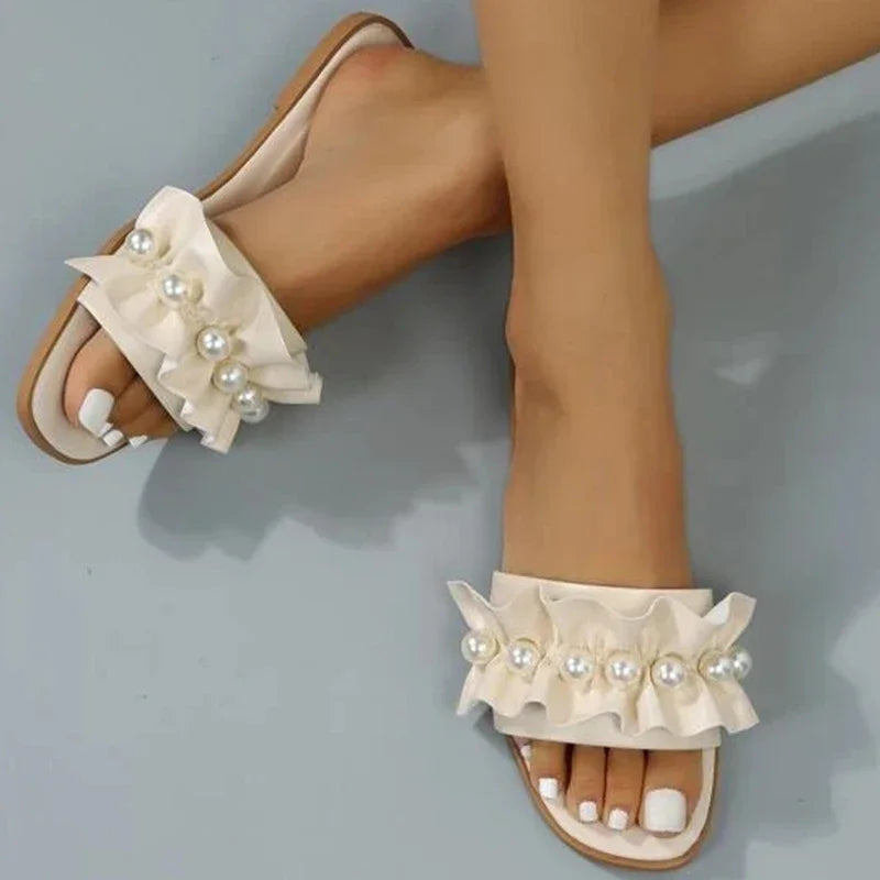 Slides Faux Pearl Decor Ruffle Trim Sandals Open Toe Wear-resistant Flat Sandals