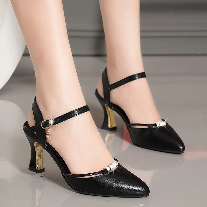 Baotou Comfortable Sandals / Summer One Word Buckle Thick Heels High Heels All-match Soft Leather High-heeled Shoes