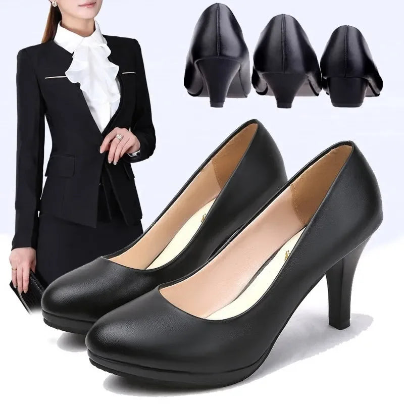 Comfortable High Heels Women Work Shoes / Soft Sole Soft Surface Professional Dress Shoes / Daily Pumps Commuter Black Leather Shoes