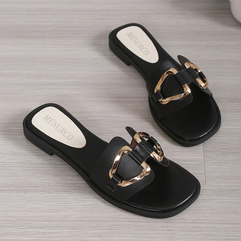 Luxury Women Slippers Buckle Design Small Incense Style Casual Wome's Flat Sandals External Wear Summer Sandy Beach Woman Slides