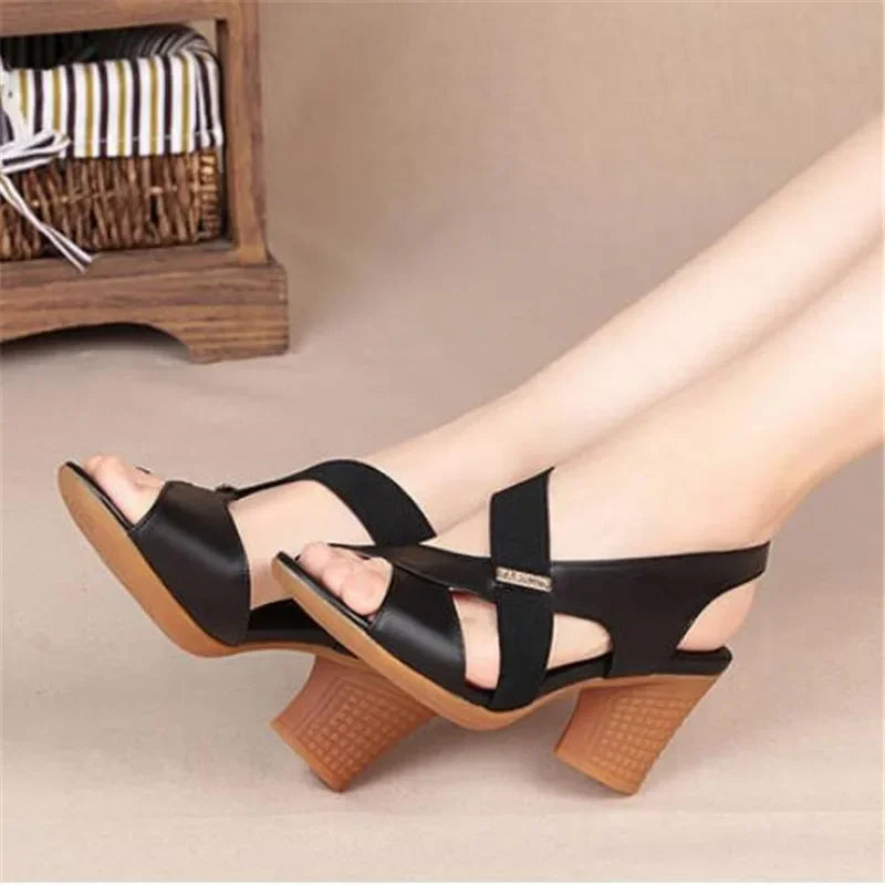 New Women's Sandals / Summer Comfortable High Heels Thick Heel Peep Toe Non-slip Soft Bottom Mother Shoes Slip-On