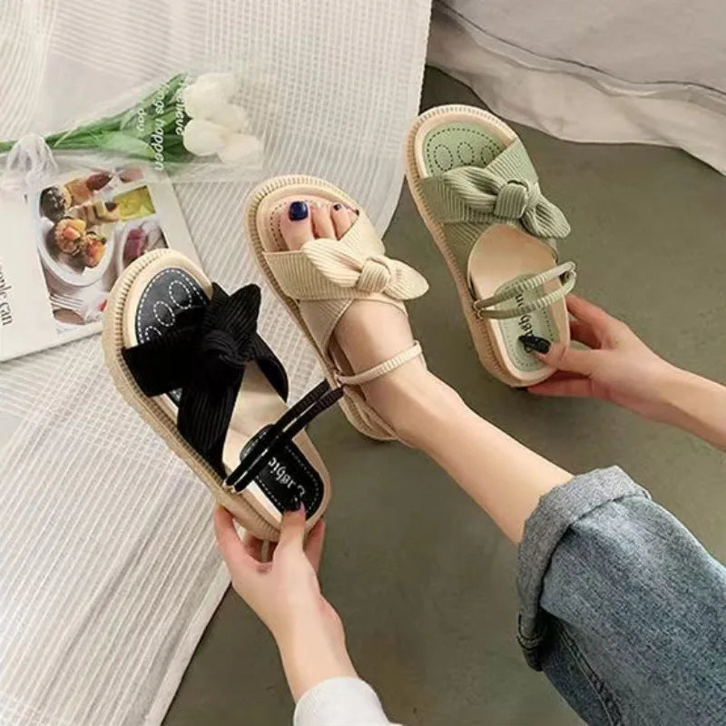 New Style Fairy Style Lady Summer Slippers Thick Platform Flat Sandals with Butterfly-Knot Summer Flip Flops Sandals