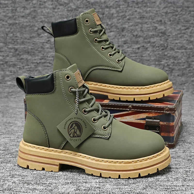 High Top Man Boots / Motorcycle Ankle Boots /  New Green Male Military Boot / Winter Lace-Up Men's Shoes