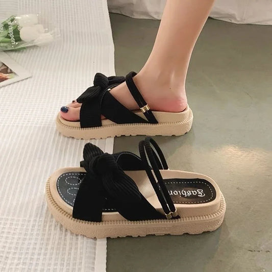 New Style Fairy Style Lady Summer Slippers Thick Platform Flat Sandals with Butterfly-Knot Summer Flip Flops Sandals