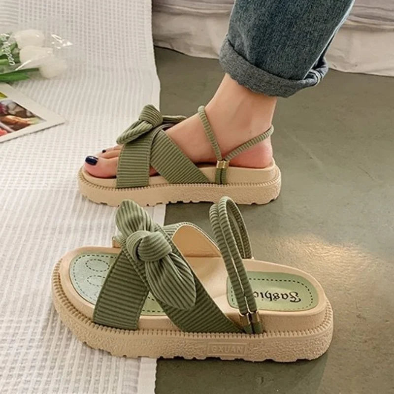 New Style Fairy Style Lady Summer Slippers Thick Platform Flat Sandals with Butterfly-Knot Summer Flip Flops Sandals