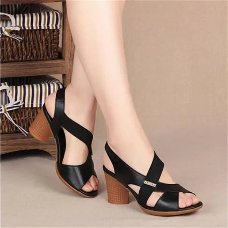 New Women's Sandals / Summer Comfortable High Heels Thick Heel Peep Toe Non-slip Soft Bottom Mother Shoes Slip-On